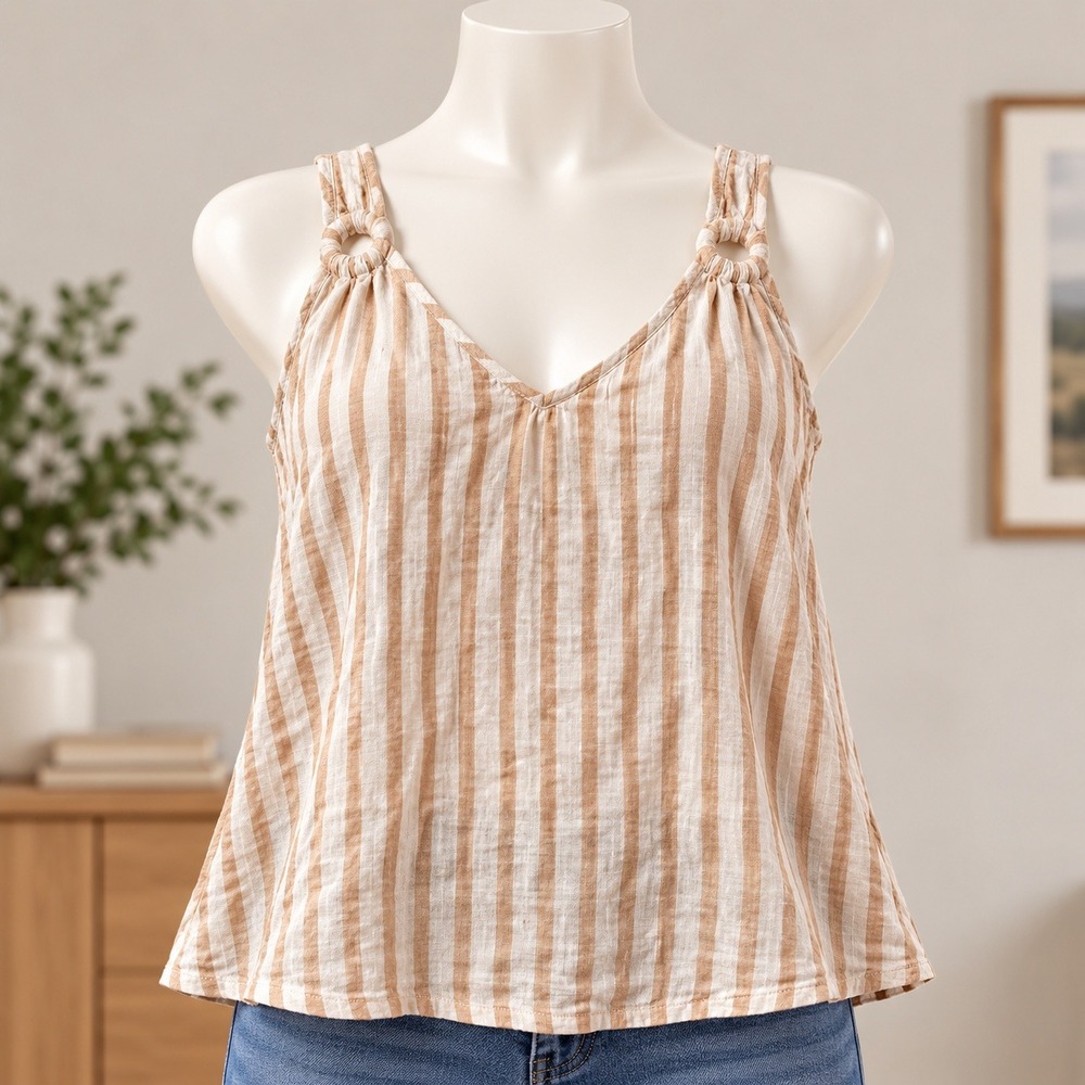 NWT Naf Naf Paris Tank Top 1 Tan White Striped V-Neck Ring Strap Sleeveless